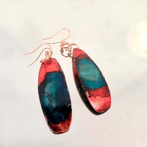 Blue Red Rustic Solid Copper Long Painted Earrings Handmade OOAK Bohemian Hippie - Picture 6 of 11